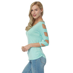 Kaamastra Ruched Cut out Sleeve V Neck Top