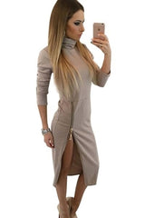 Kaamastra Grey High Neck Sexy Side Slit Bodycon Dress For Women