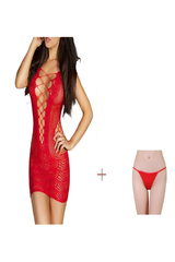 Kaamastra Crotchet Mesh Hollow-out Mini Chemise Dress Red & Free Thong